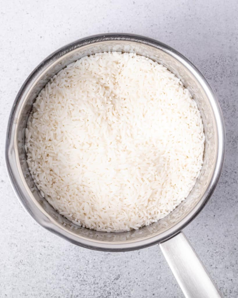White rice in a saucepan.