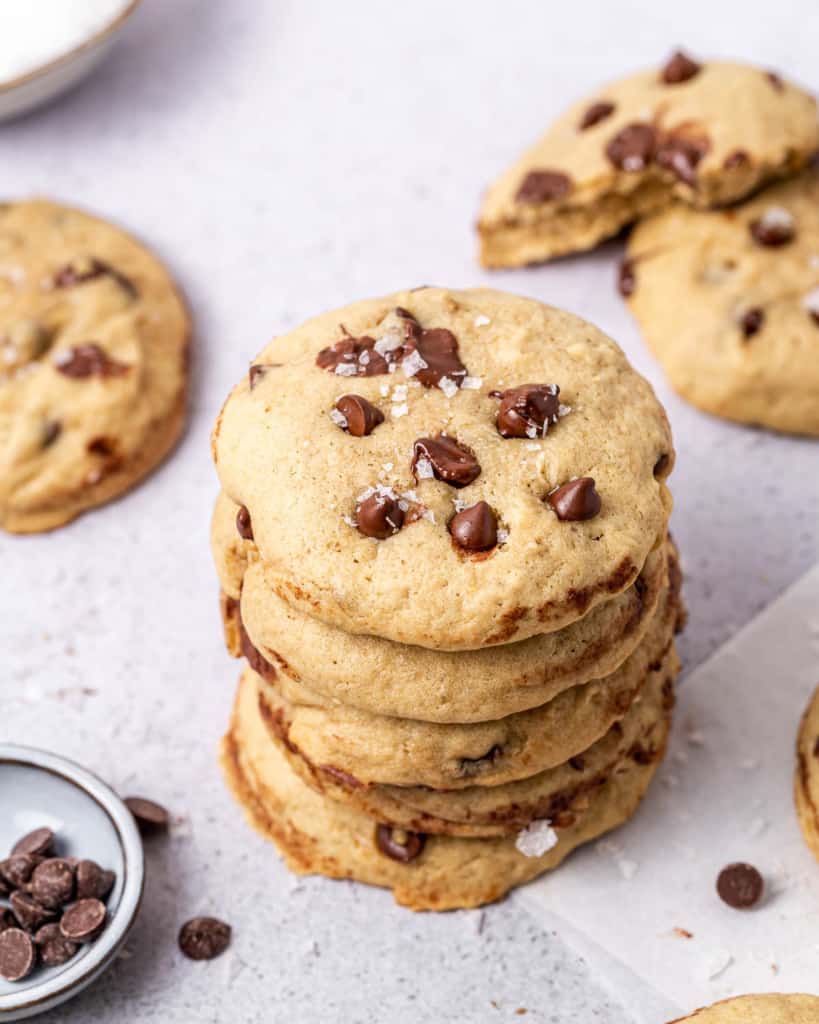 chocolate chip cookies stacked over each other 