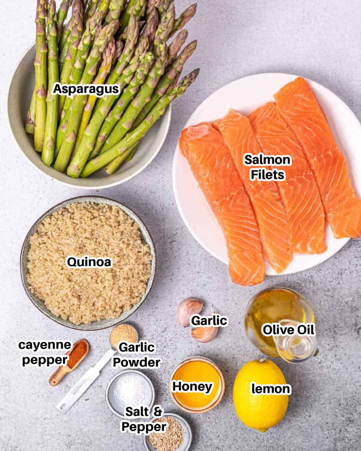 ingredients to make baked salmon and asparagus.