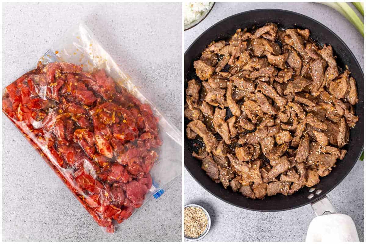 process shot to marinate beef in ziplock bag, and cooking in skillet.