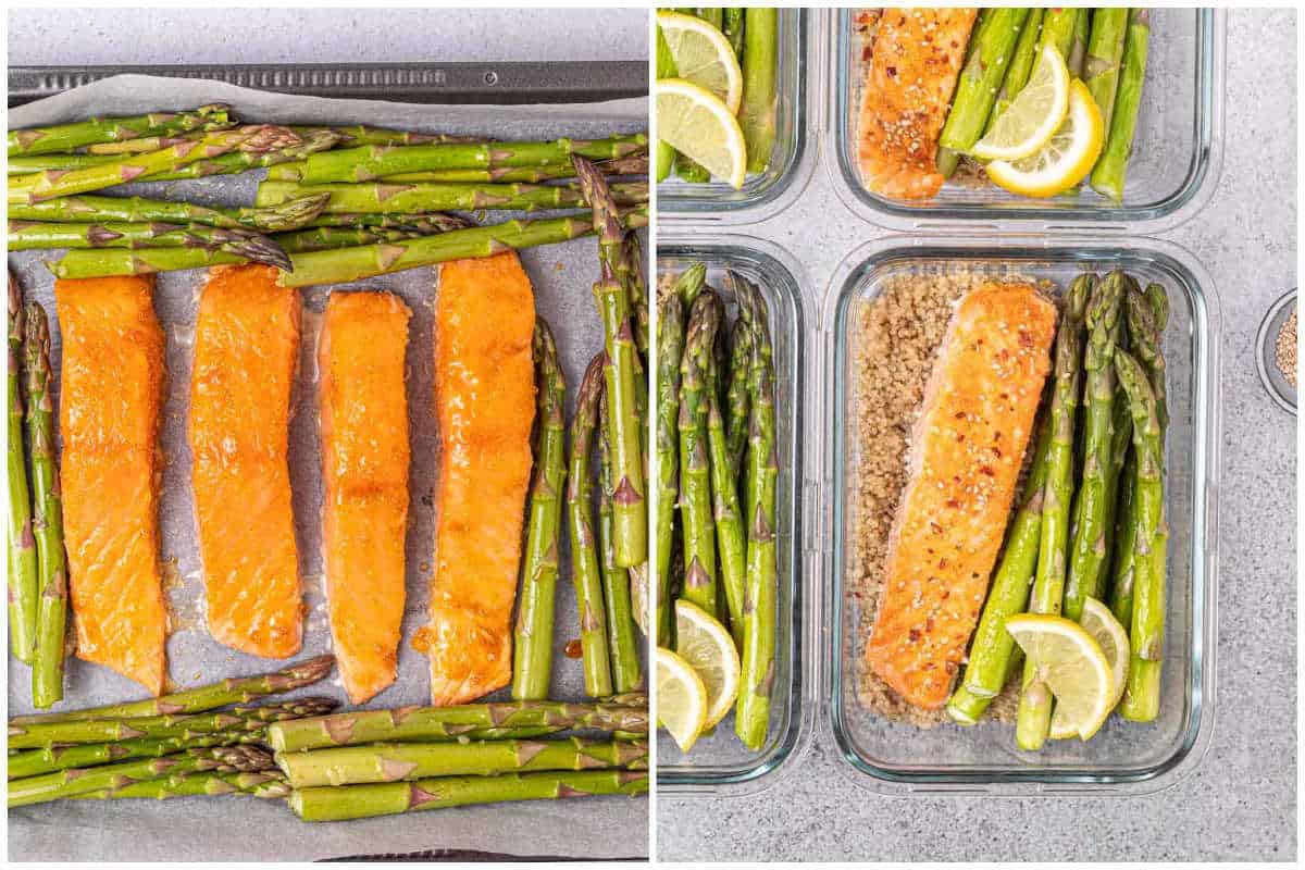 process shot to adding the salmon and asparagus on a sheet pan and baking.