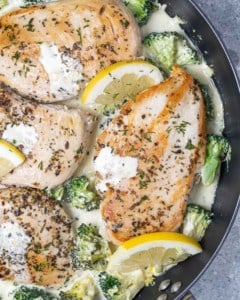 chicken added to the pan with broccoli and creamy dill sauce.