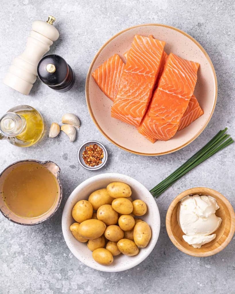 ingredients to make creamy salmon and potatoes 