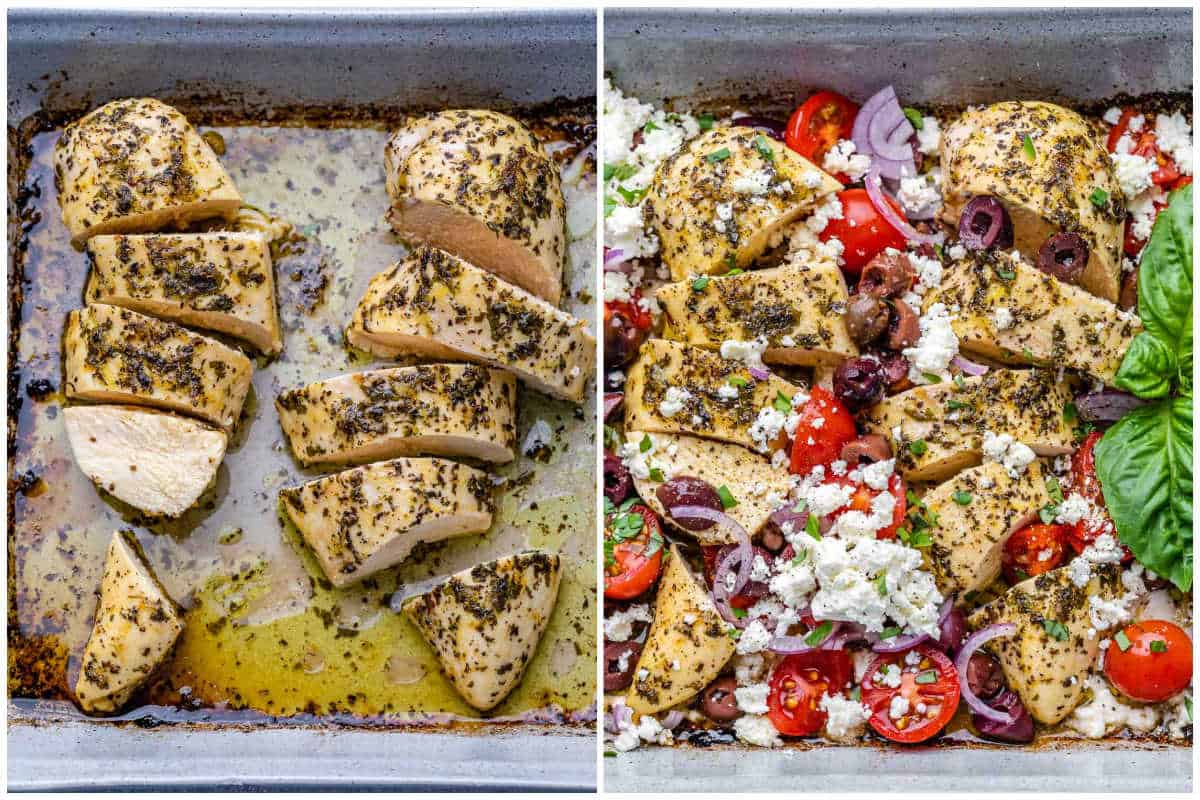 process shot to bake the chicken and adding the feta, tomatoes, and olives into the dish.