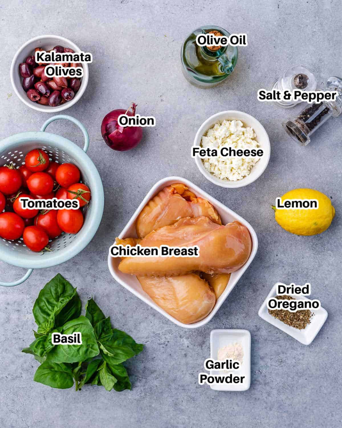 ingredients for greek chicken made with feta cheese and olives.