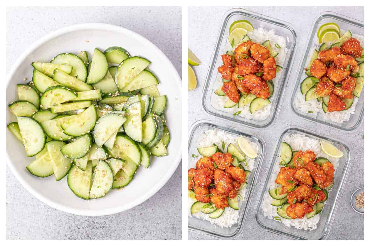 process shot to make the cucumber salad and assembling the bowl.