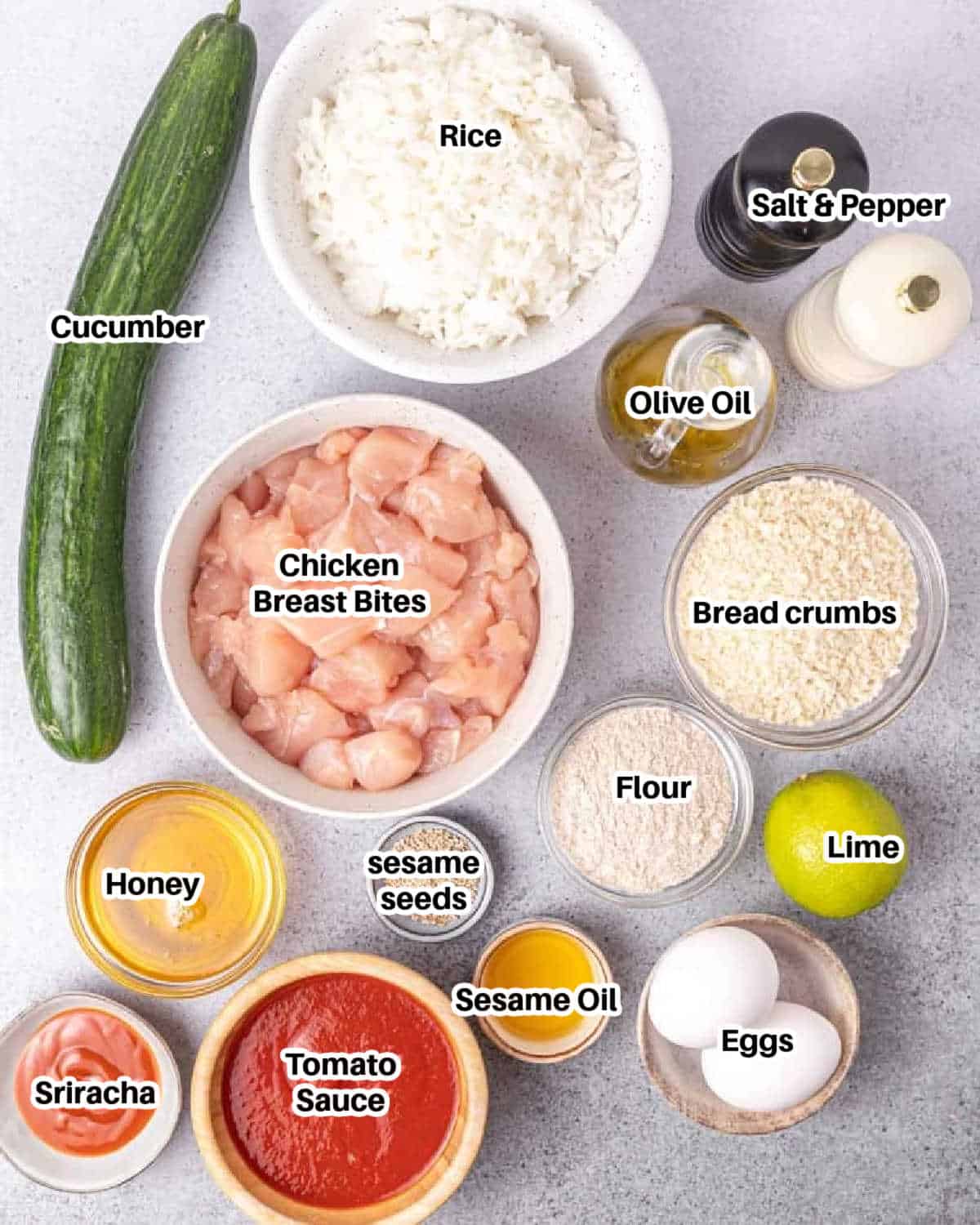ingredients for honey sriracha chicken meal prep.