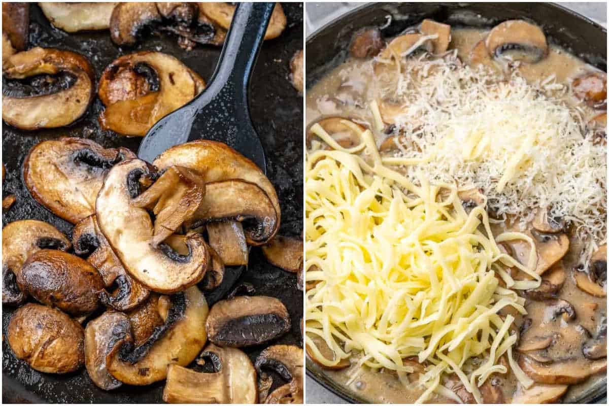 process shot to make sautéed mushrooms with cheese added over the mushrooms in the skillet. 