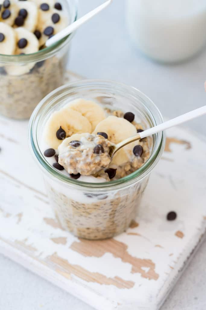 spoonful of overnight oats in a jar