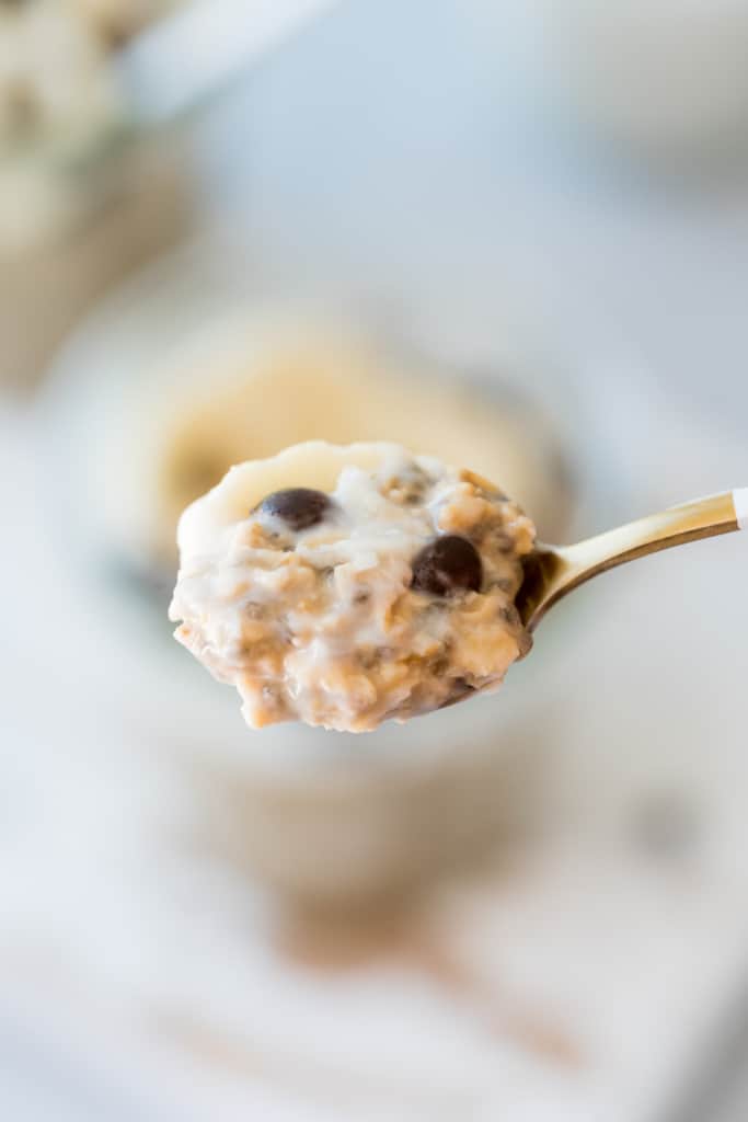 Spoonful of overnight oats with mini chocolate chips.