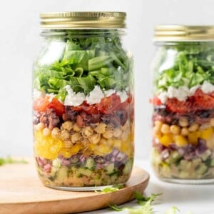 side shot of salad in a mason jar