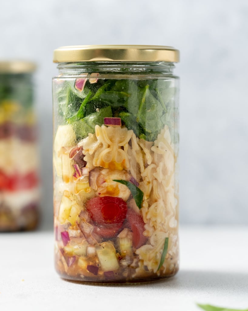 side shot of italian pasta salad in a jar