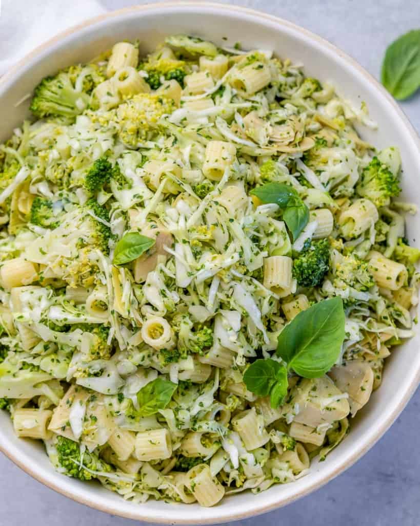 top view green pasta salad with green veggies