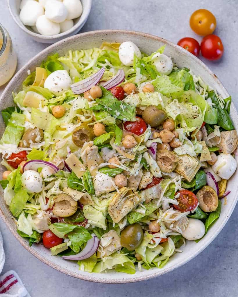 top view chopped salad in a round white bowl