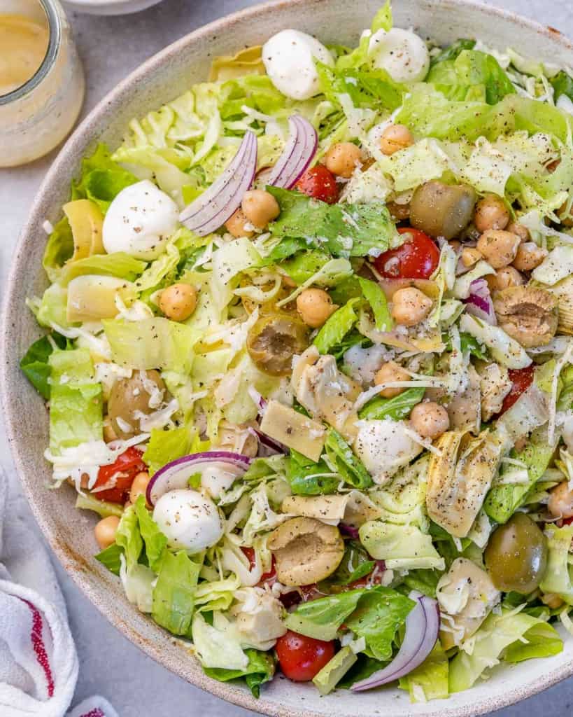 top view chopped salad in a white dish