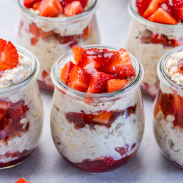 side shot of a jar with overnight oats and strawberries