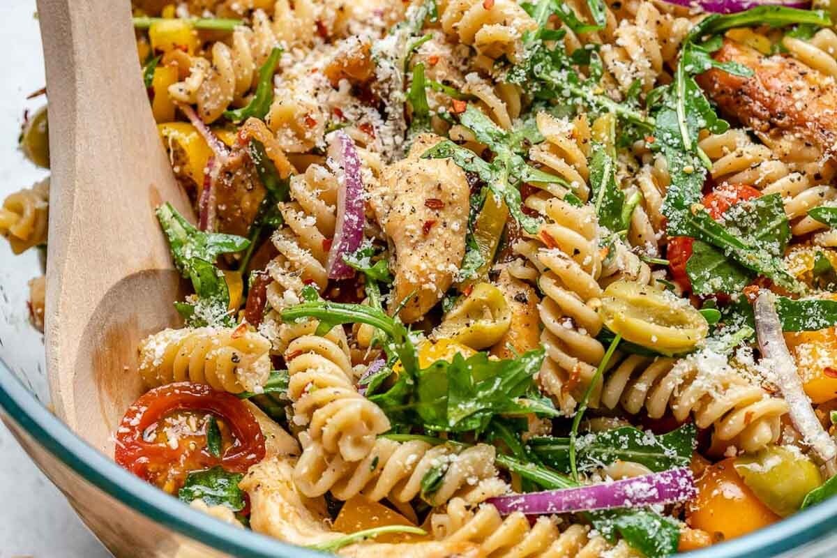 chicken pasta salad in a bowl.