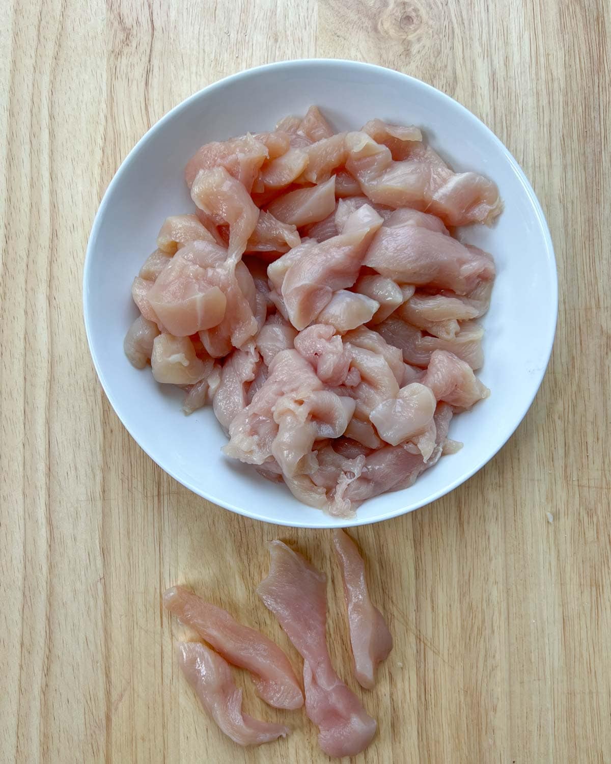 Sliced chicken breast on a round white plate.