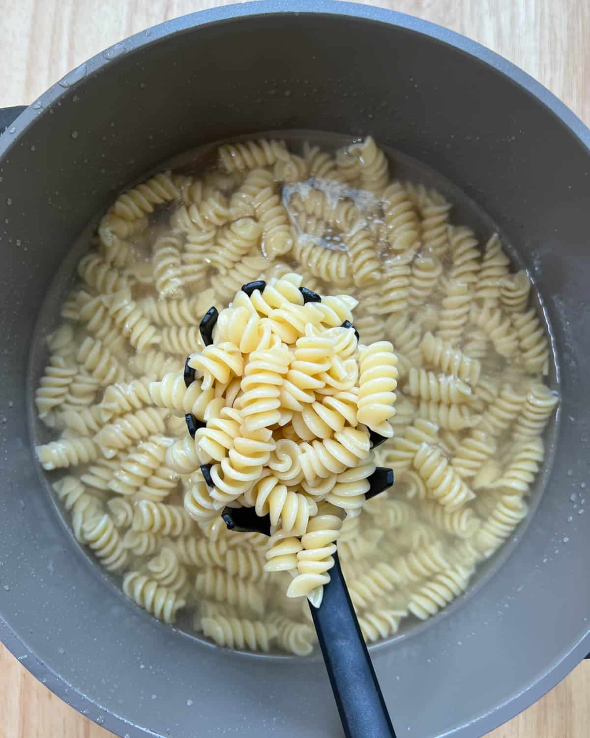 cooked pasta in a pot.