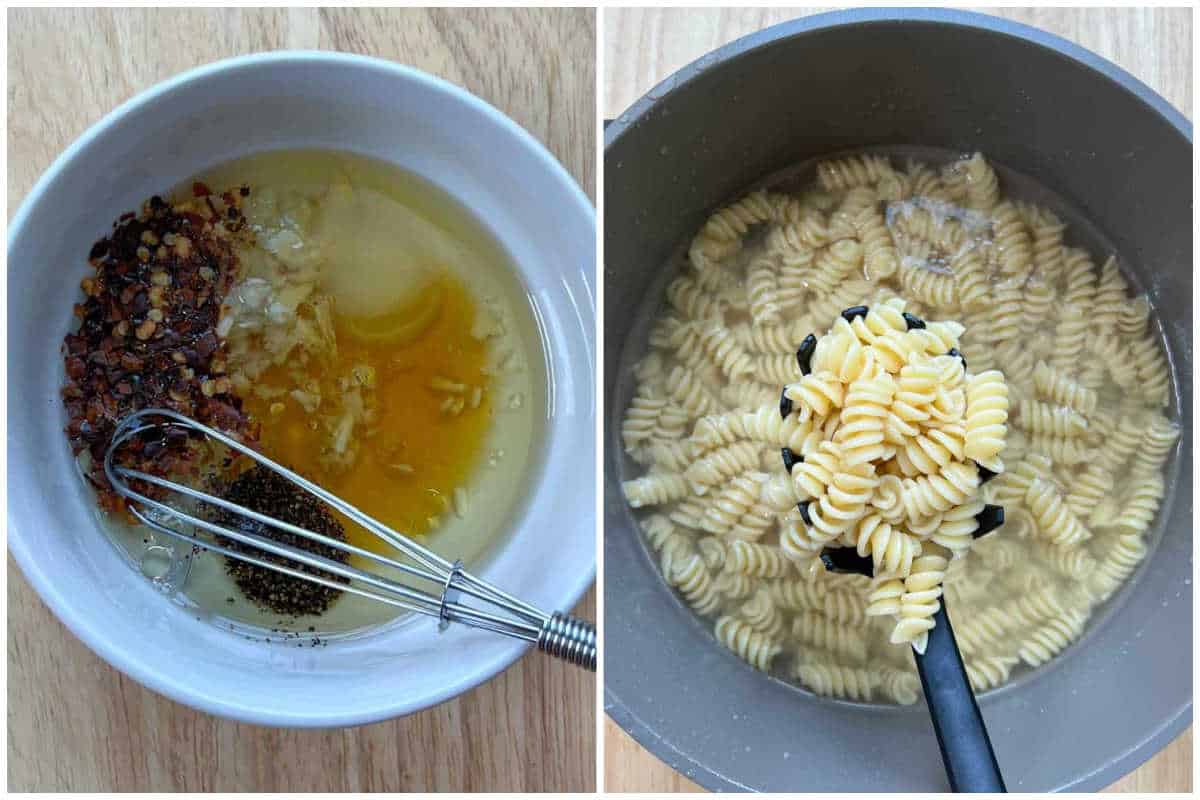 process shot to make the dressing and cooking pasta. 