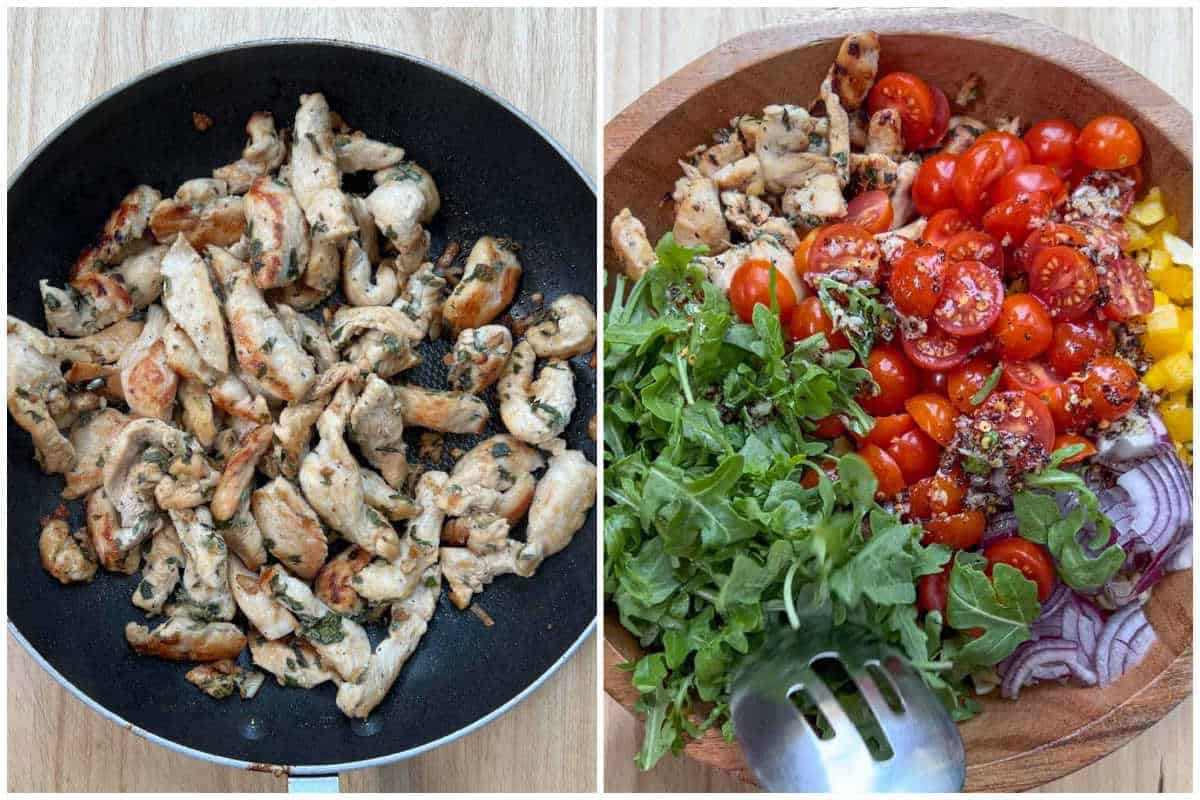 process shot of cooking chicken and making the salad.