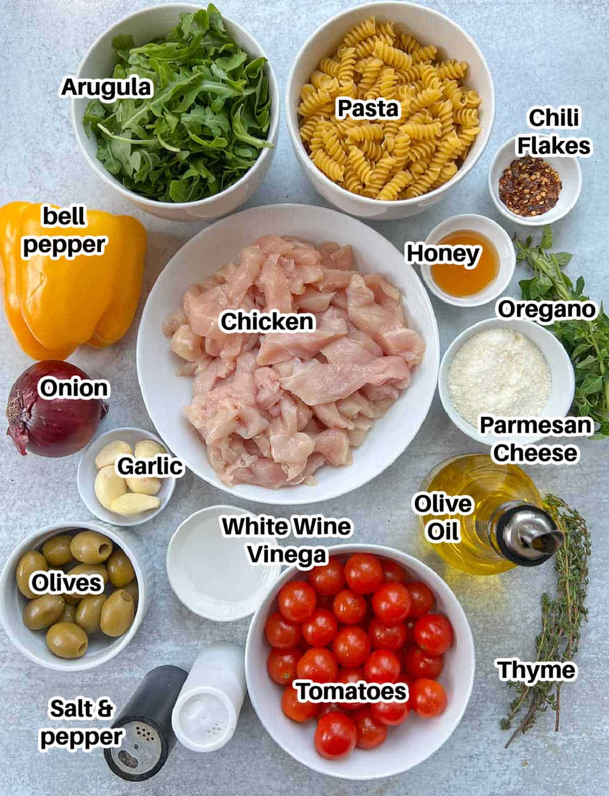 ingredients to make chicken pasta salad.