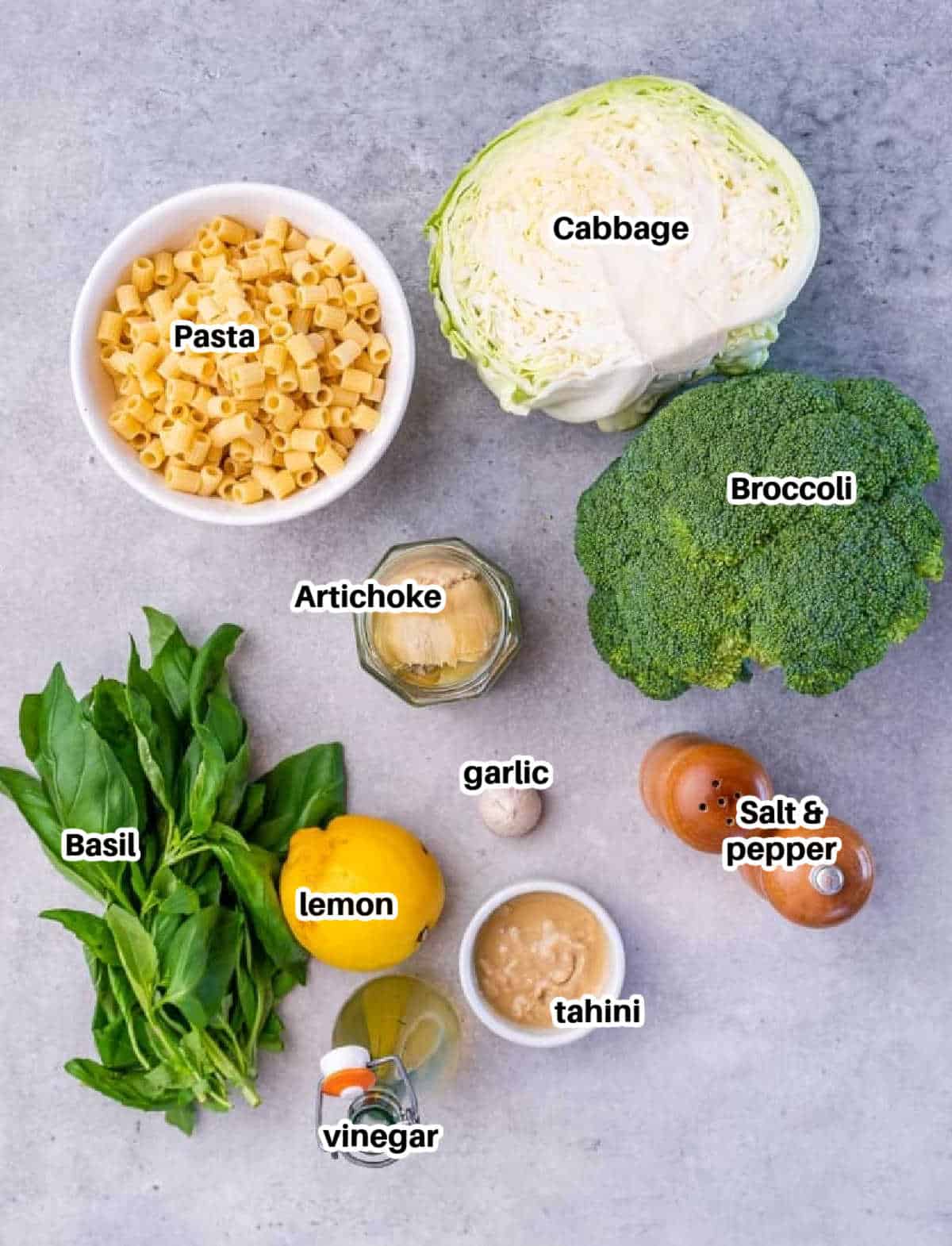 ingredients to make green goddess salad with pasta.
