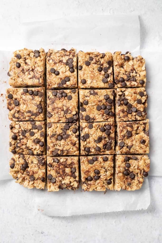 top view oatmeal bar squares on a parchment paper