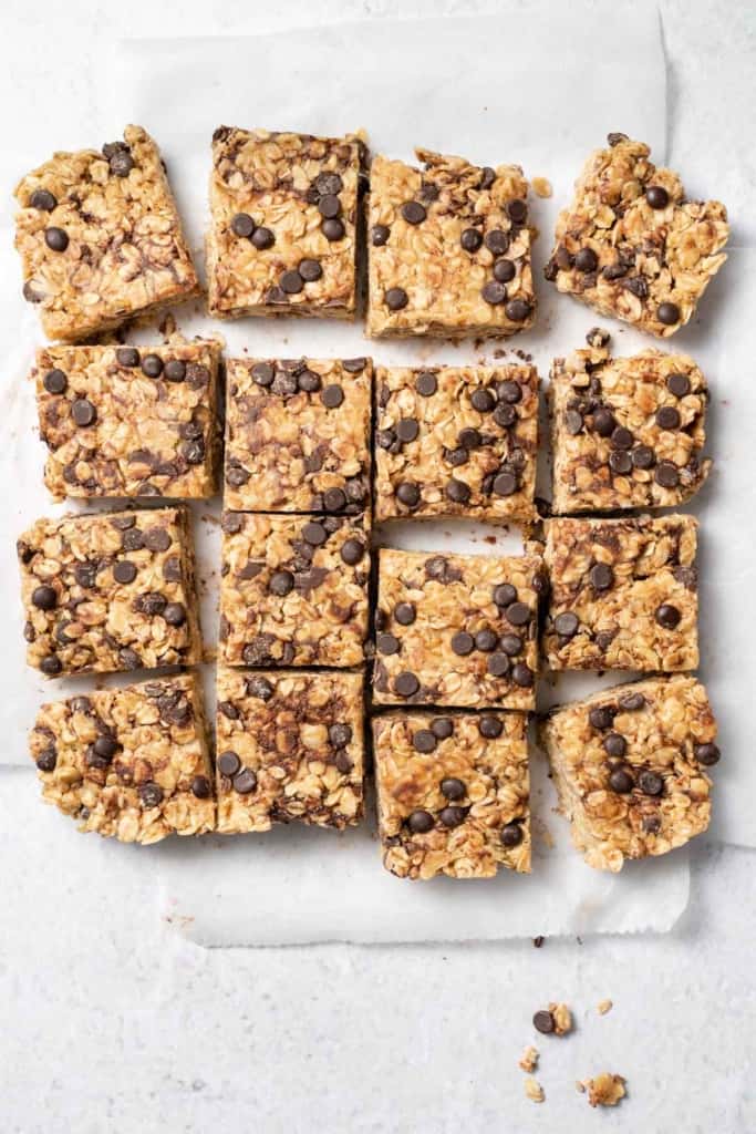 Top view of peanut butter oatmeal bars cut into squares.