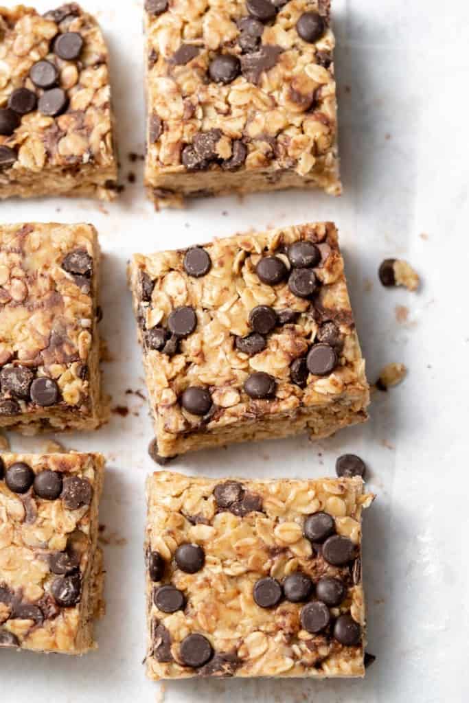 Chocolate chip oatmeal bars cut into squares.