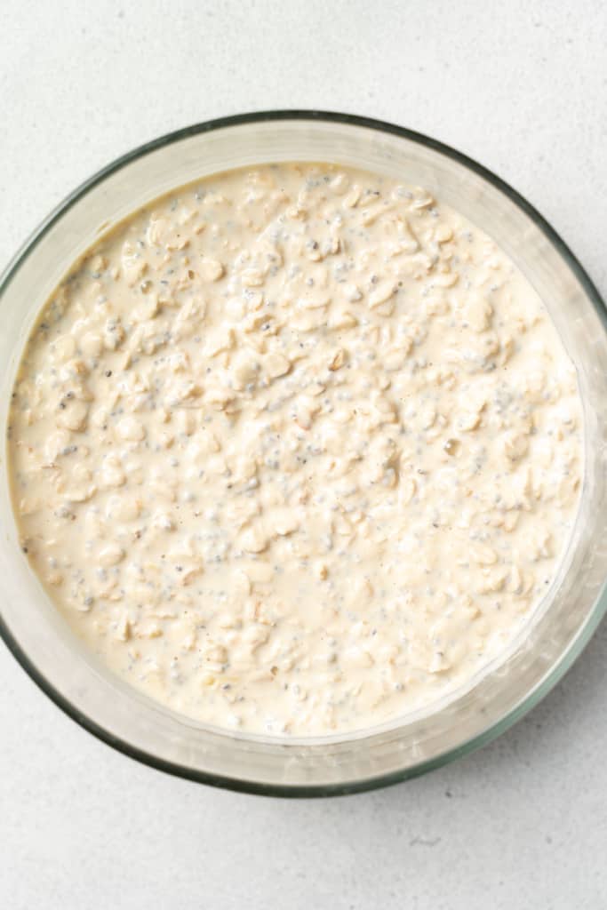 Protein overnight oats mixed together in a large bowl.