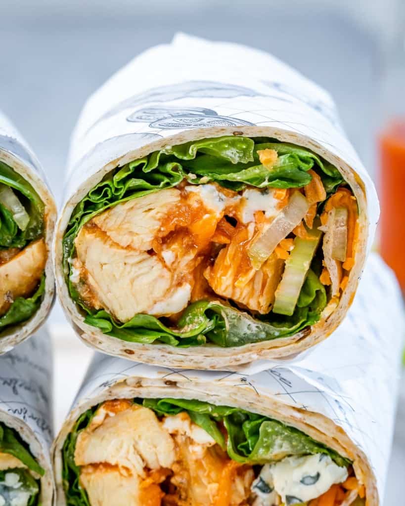 close up image of chicken wrap filled with buffalo chicken