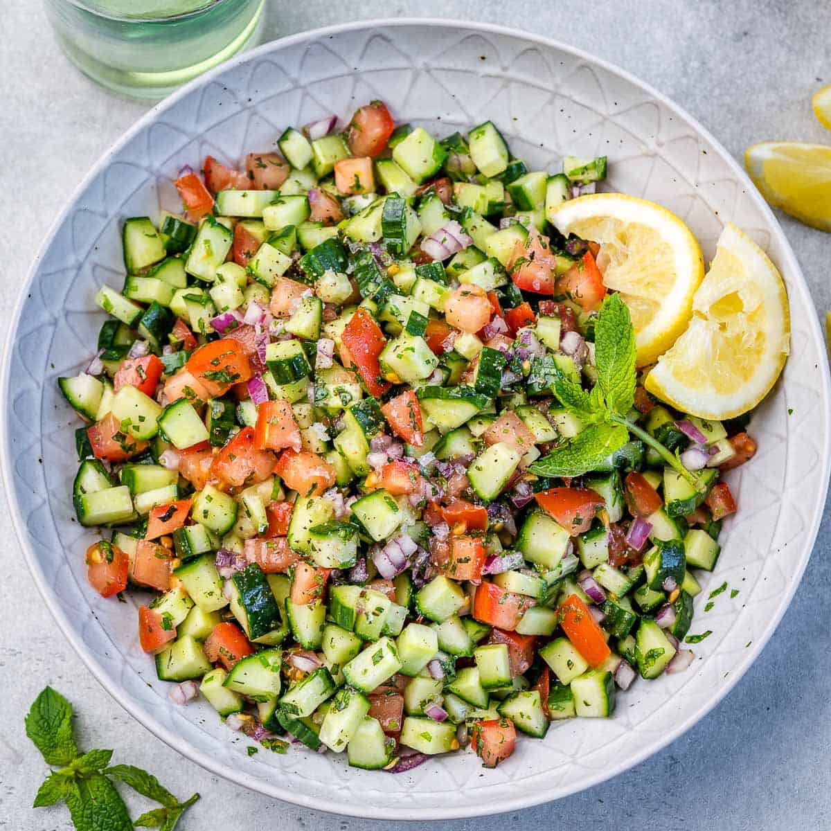 top view vegetable salad with cucumber tomato onion and parsley