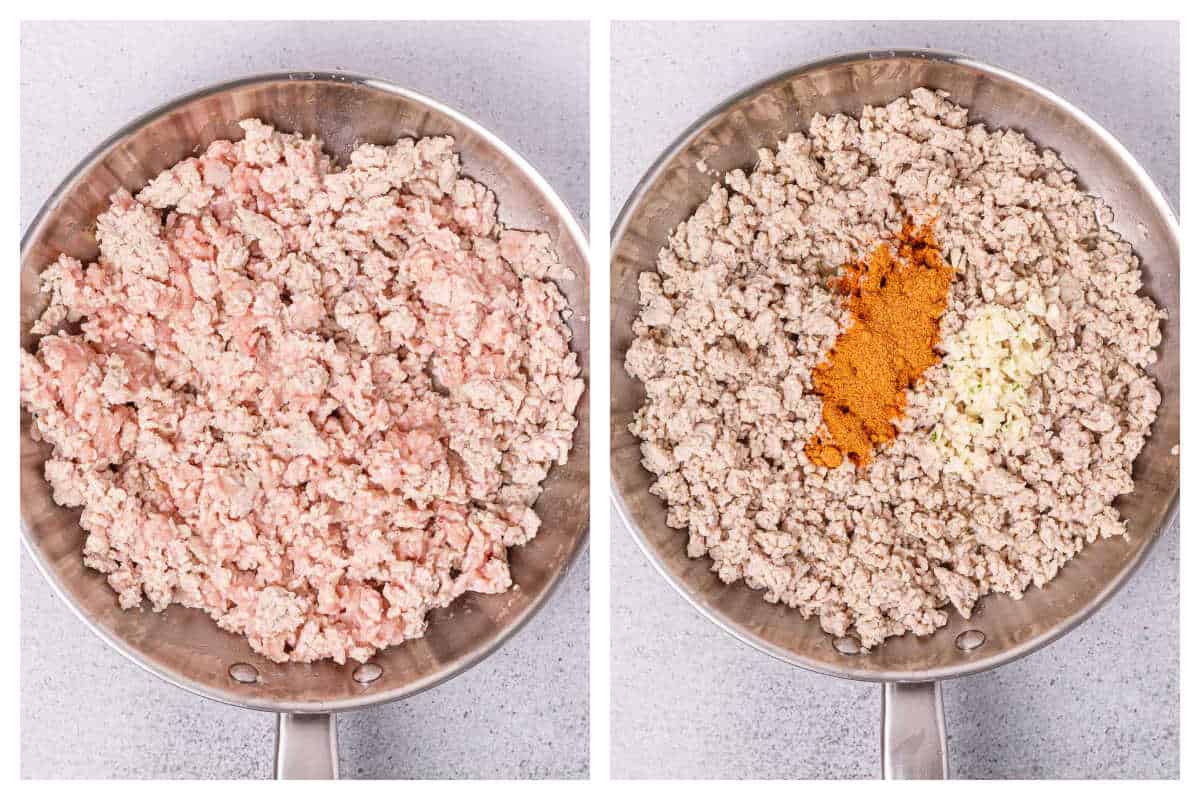 process shot to cook the ground chicken and adding seasoning in a pan.