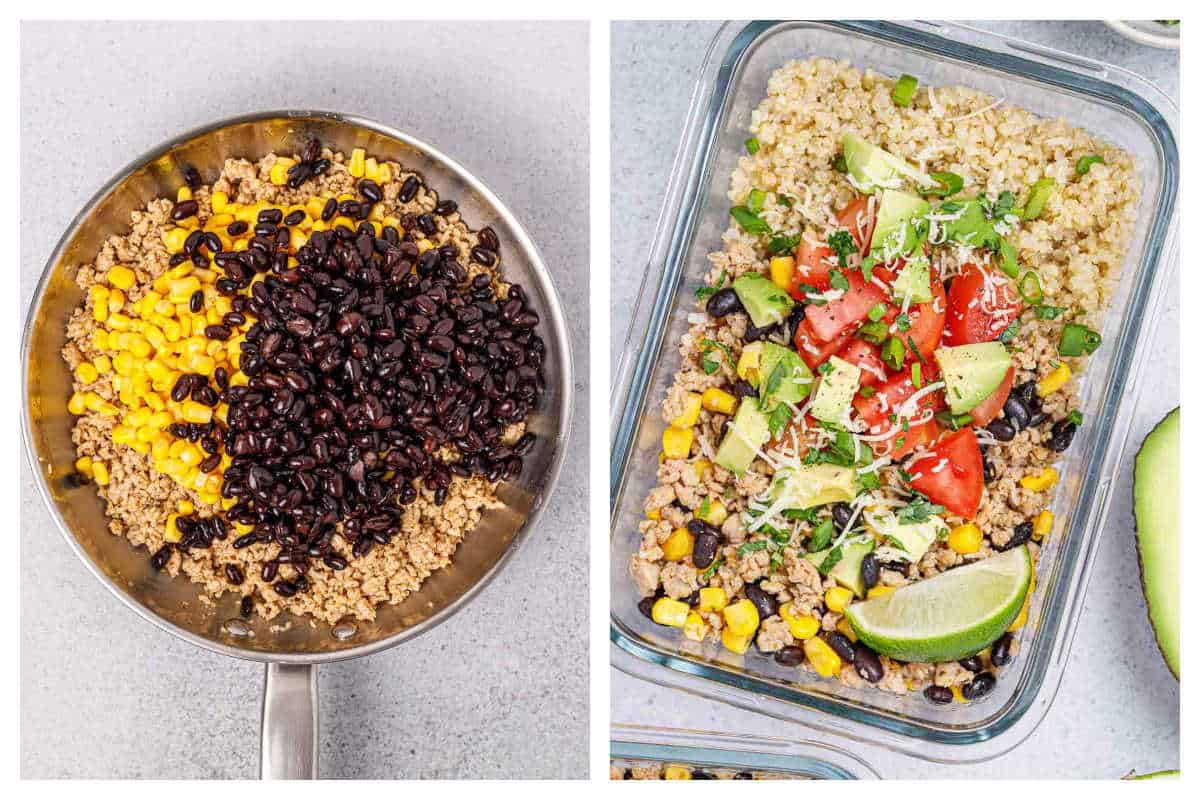 process shot to add the beans and corn with the ground chicken.