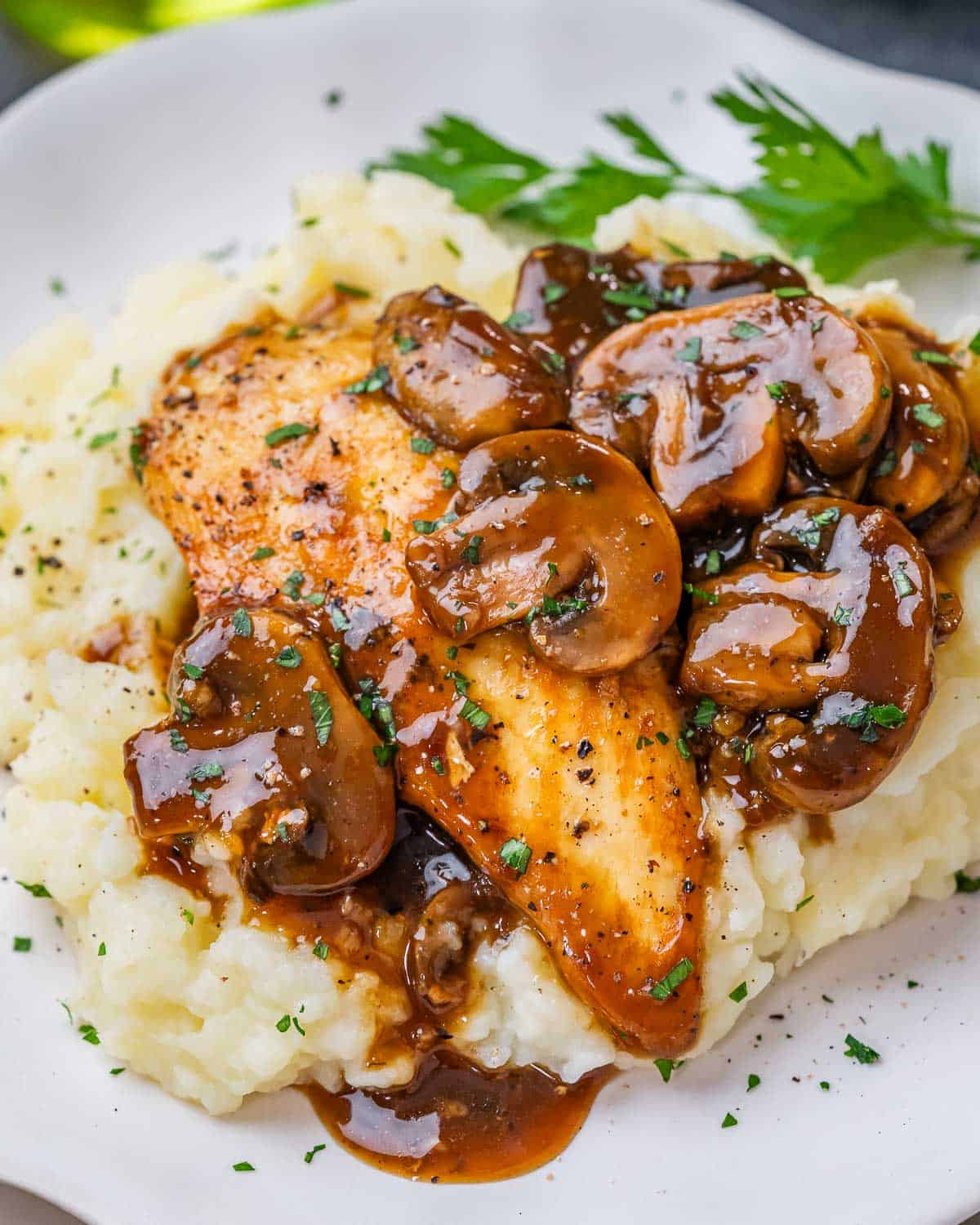 Chicken Marsala served over mashed potatoes. 