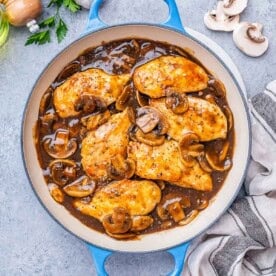 Chicken Marsala in a mushroom sauce in a pan.