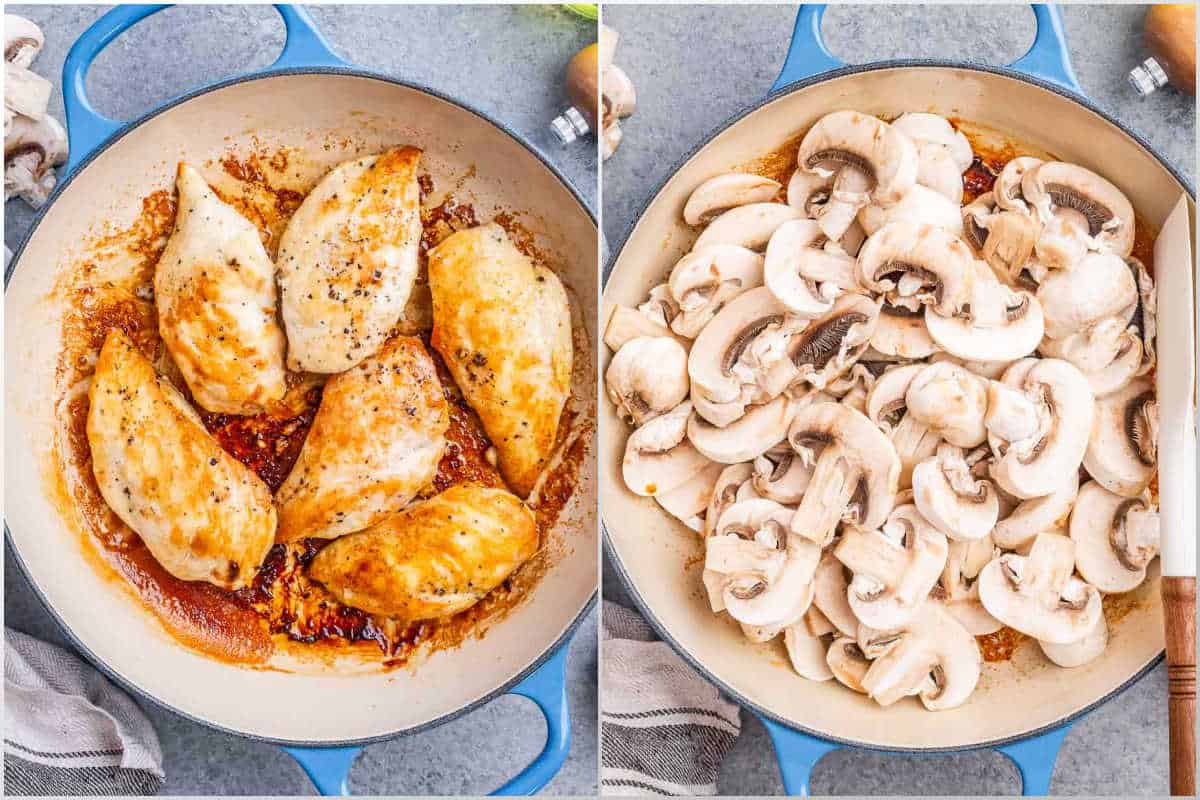 process shot of cooking the chicken and adding mushrooms to the pan.