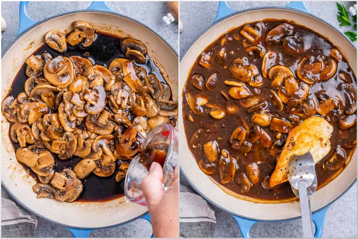 collage of showing how to make the mushroom sauce and adding the chicken.
