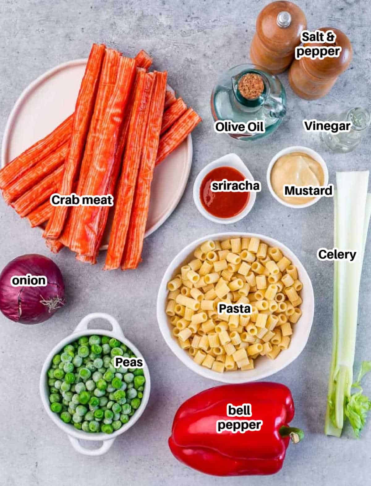 ingredients to make pasta salad with crab.