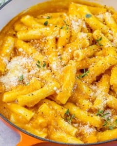 side shot of pumpkin pasta thats orange in color in a dish
