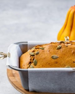 Pumpkin bread baked in a loaf pan.