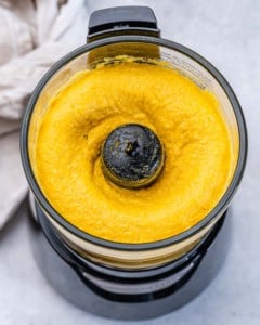 Blended pumpkin hummus in a food processor.