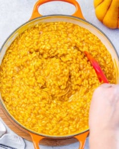 Stirring parmesan cheese into pumpkin risotto.
