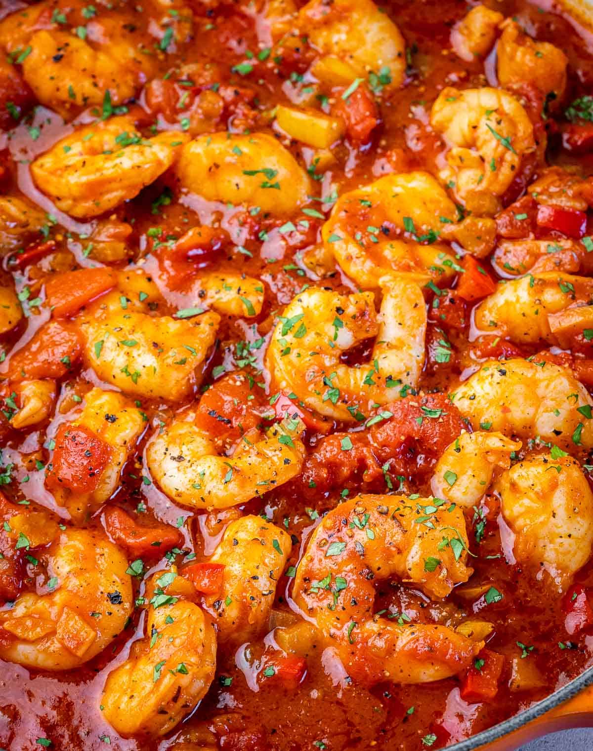 Closeup view of shrimp Creole in a pan.