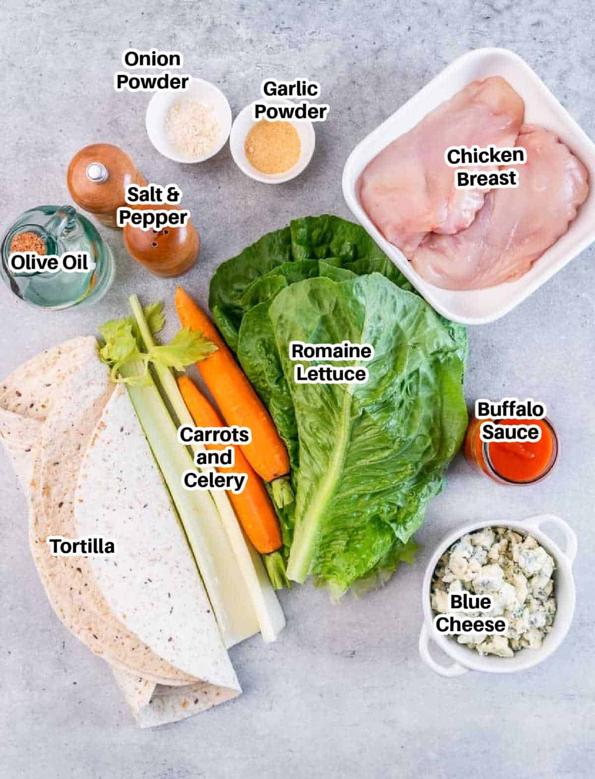 Ingredients to make buffalo chicken wrap.