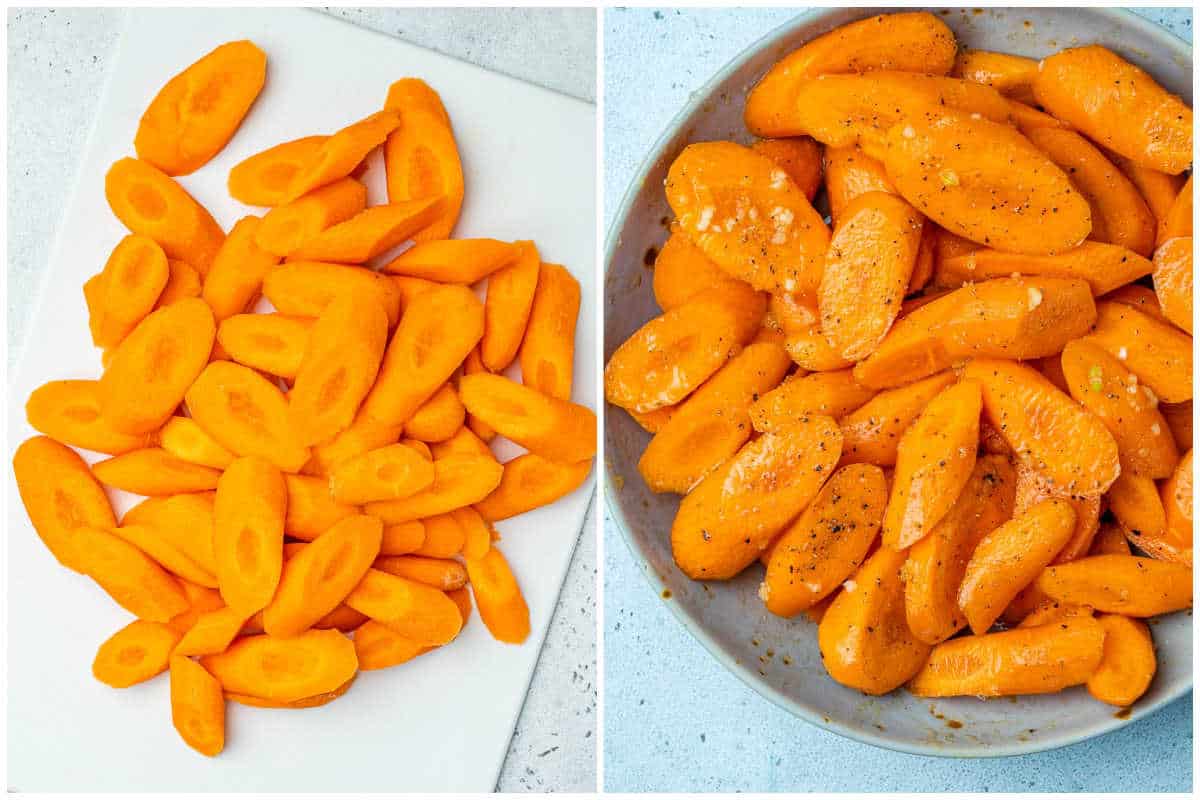 process shot for cutting carrots and seasoning them in a bowl.