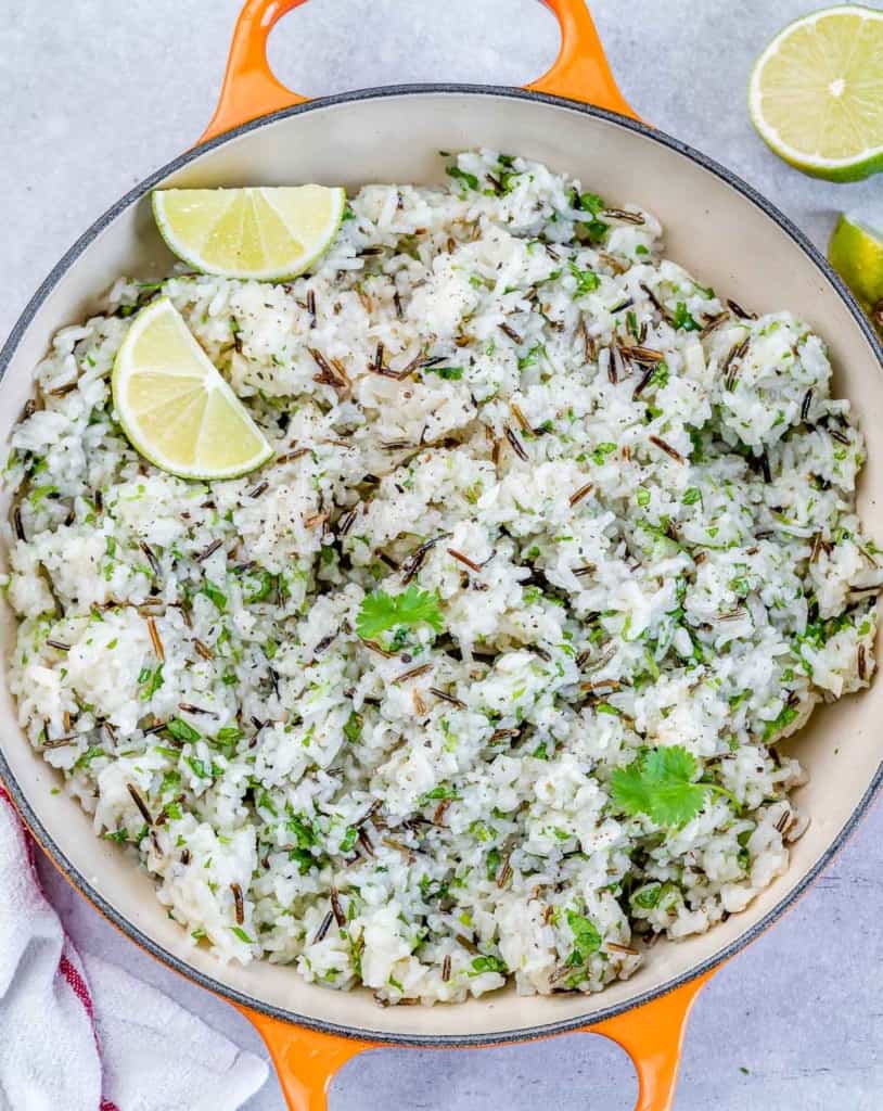 Cilantro lime rice cooking in a pan.