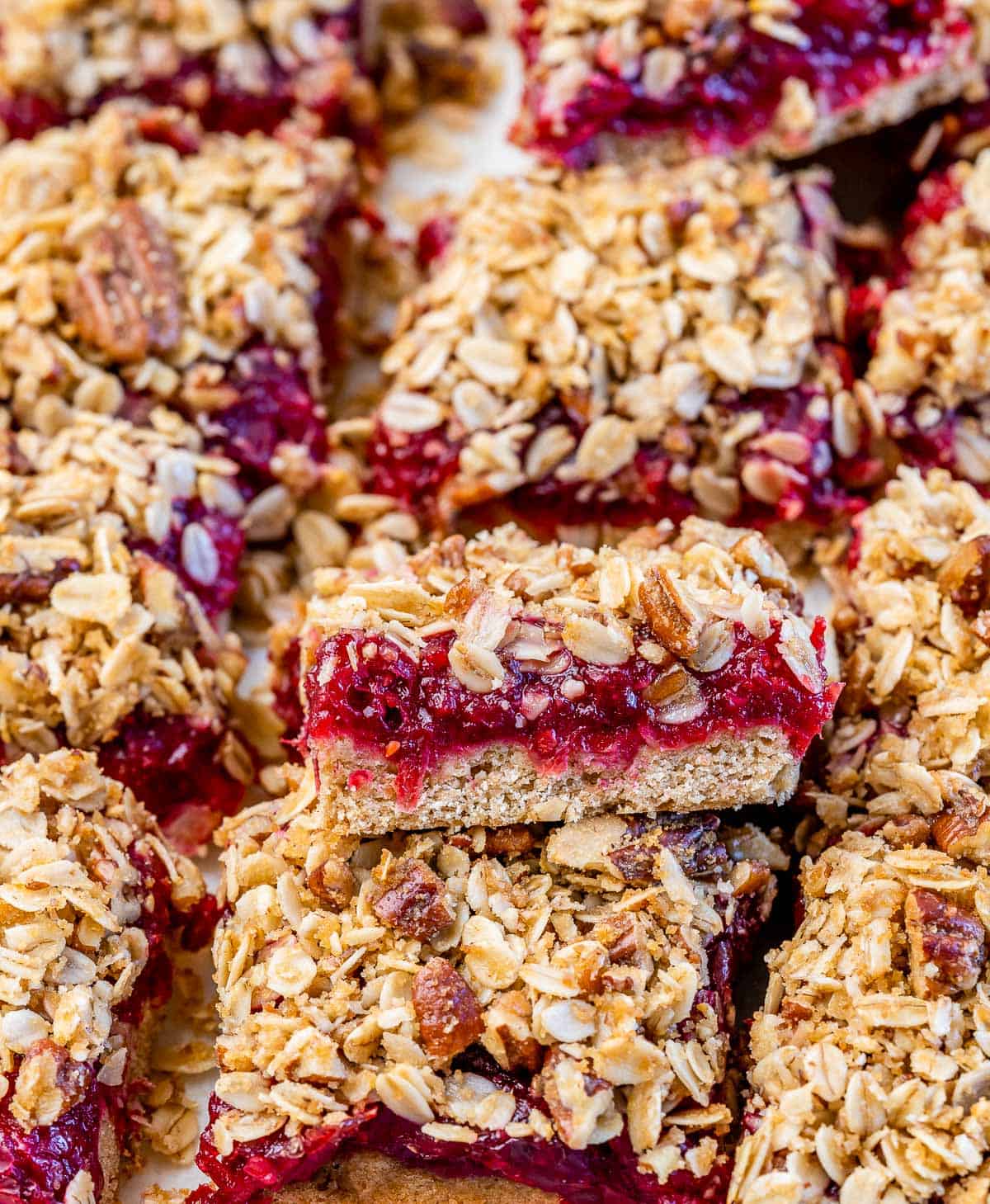 Cranberry bars with a pecan crumble topping.