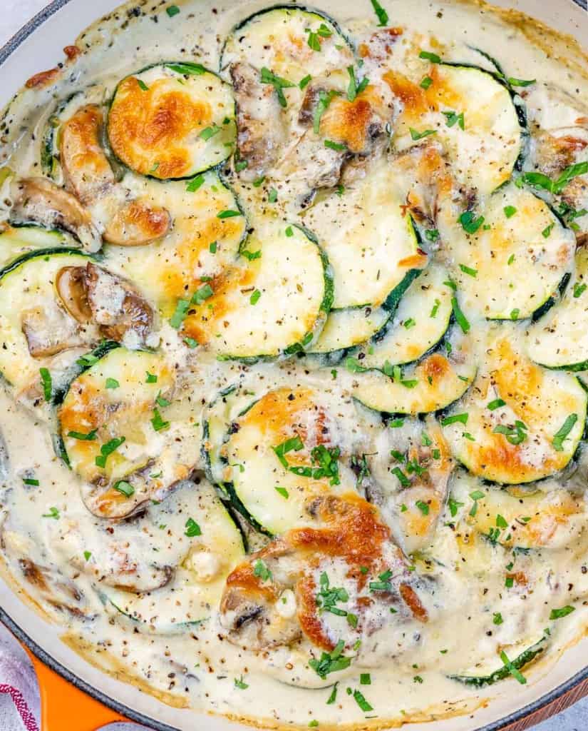 Baked mushrooms and zucchini in a creamy sauce.